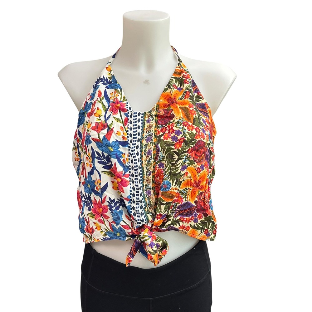 Farm Rio x Anthropologie Spliced Cami Tie Front Halter Top Tropical Print sz S - Picture 1 of 9